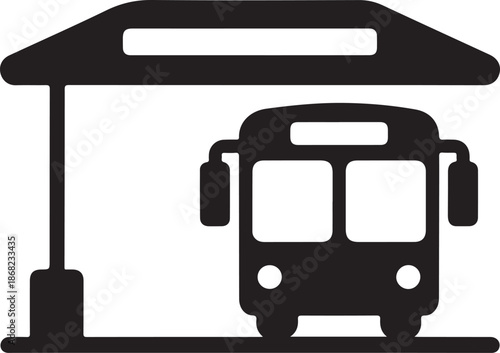 bus icon at a bus stop, simple transportation symbol
