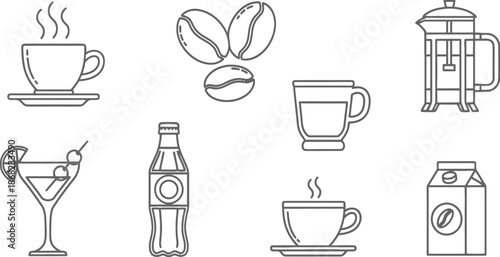 Various beverage icons including coffee and cocktails