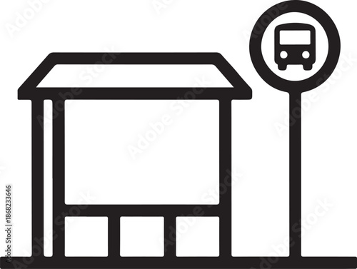 Simple bus stop icon with sign on white background
