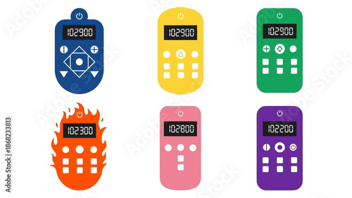 Colorful remote controls set isolated on white background for technology