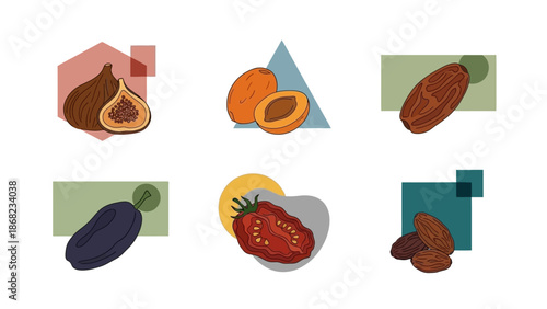 Stylized fruit illustrations figs apricots dates plums and tomatoes