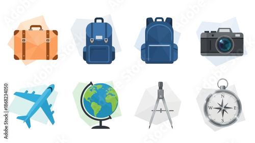 Travel and adventure icons suitcase backpacks camera airplane globe compass