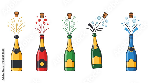 Champagne bottles bursting with colored explosions representing celebration