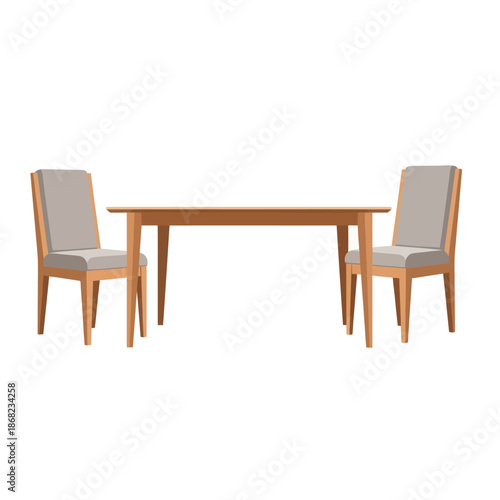 Modern Dining Table with Two Chairs, Minimalist Furniture Set Isolated on White Background
