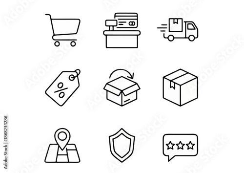 Linear icons for e-commerce and online shopping cart, checkout, delivery, discount, return, location, security, and customer reviews
