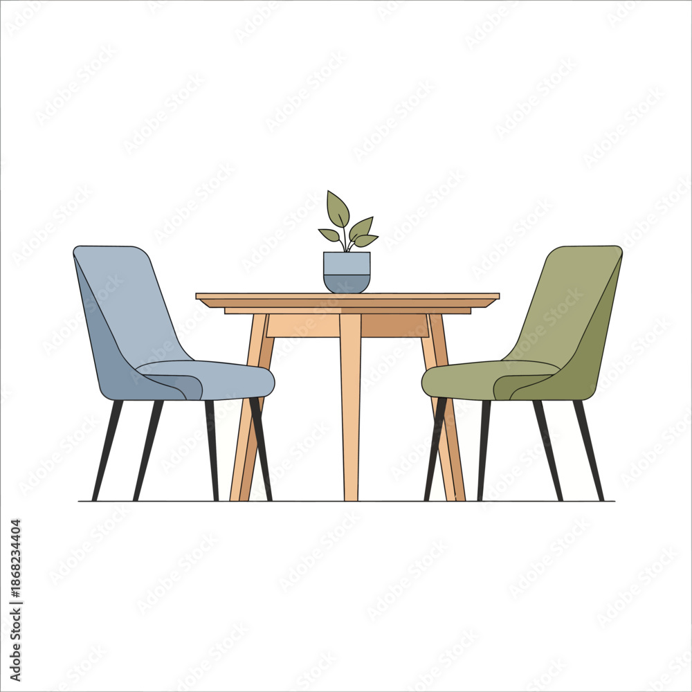 Fototapeta premium Cozy dining set with two chairs and small plant on table, minimalist illustration