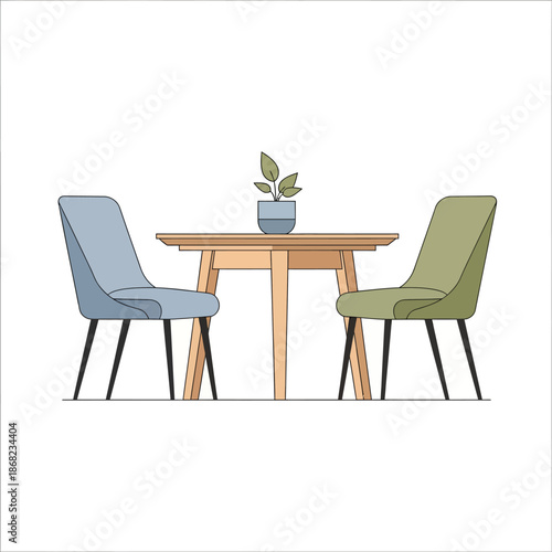 Cozy dining set with two chairs and small plant on table, minimalist illustration