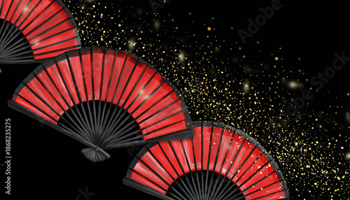 朱の扇子と金の紙吹雪が舞う墨絵