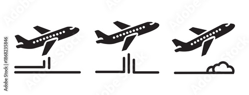 Airplane Takeoff and Flight Icon Set Black Vector Illustration