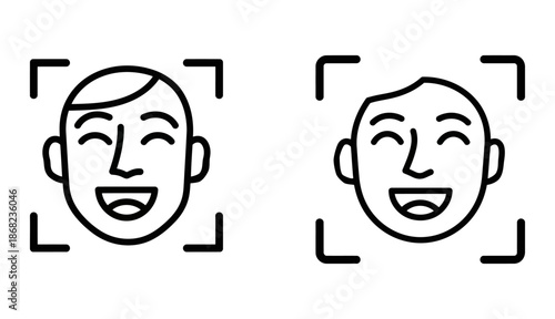 Biometric face id recognition scan technology icon set in solid and outline styles