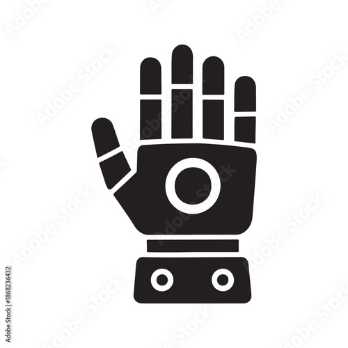 A black vector silhouette illustration of a human robot hand icon with fingers and palm as a business technology symbol for web art
