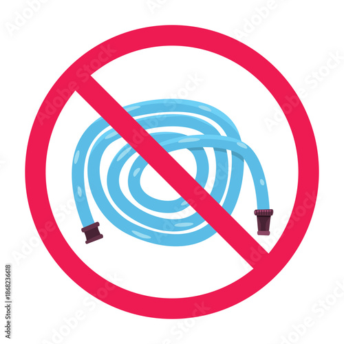 No water hose sign, forbidden sign with water hose icon, do not use water hose sign, restricted hose usage symbol, vector illustration
