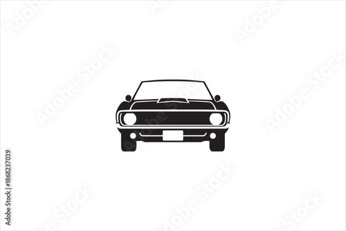 Front view black classic muscle car silhouette icon isolated on white background. Minimal vector illustration of vintage automobile design for transport and automotive concepts. Vector illustration.