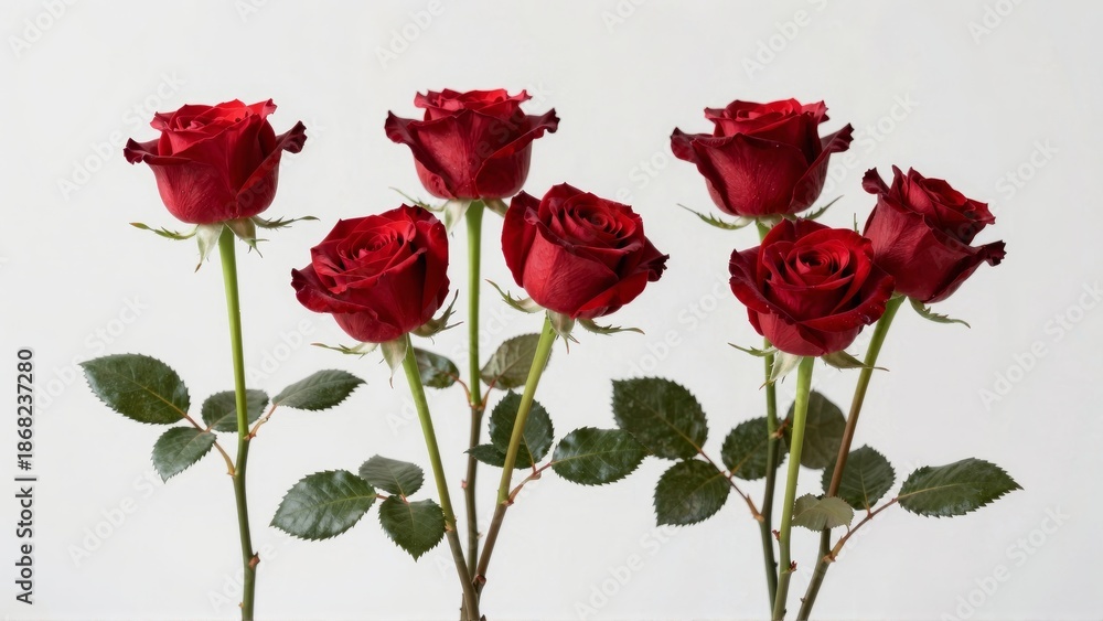 Obraz premium Red roses with green stems and leaves on white background