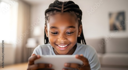 Young happy african american girl using digital tablet smartphone for remote education at home. Happy kid watching video on mobile device. Child playing online game on pad.
