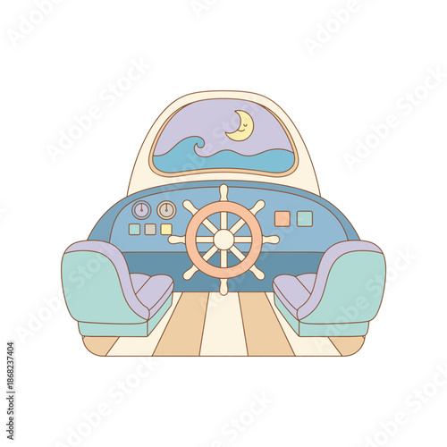 Boat cockpit interior with wooden steering wheel and dashboard. Flat vector illustration of yacht helm with night sea view. Pastel color nautical design element