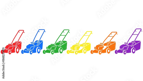 Colorful lawn mowers in a row on white background vector illustration