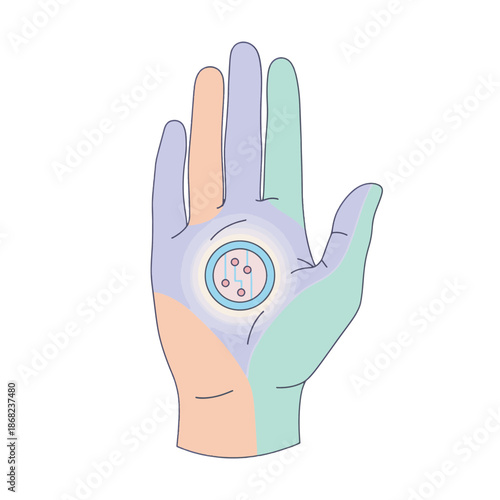 Hand with implanted data chip vector illustration. Biohacking and cybernetics concept with pastel colors. Flat design isolated on transparent background