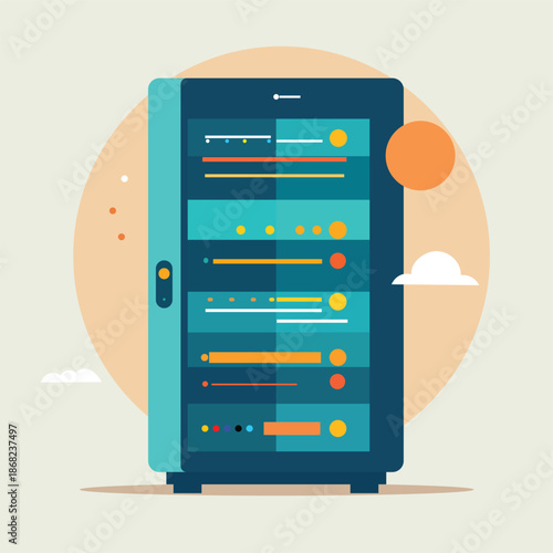 Flat vector illustration of a network server rack with glowing indicators. Concept for big data storage, cloud computing infrastructure, and hosting services.