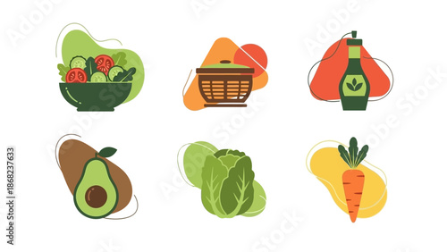 Healthy food illustrations salad vegetables and dressing in modern design