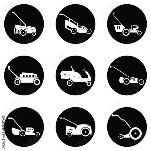 Lawn Mower & Garden Vehicle Icon Set – Minimalist Line Art Collection of Push, Riding, and Robotic Mowers