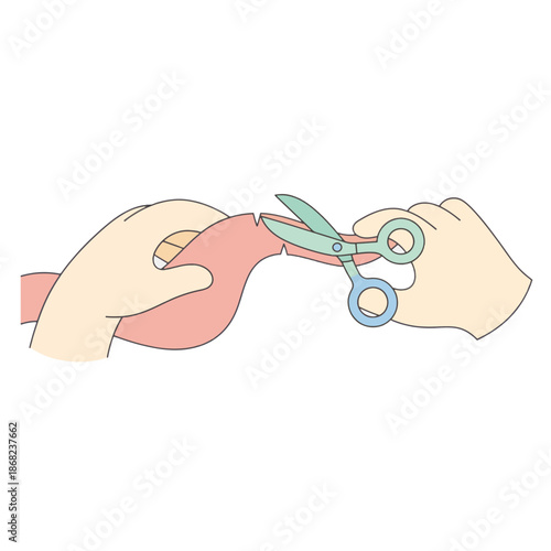 Hands trimming split hair ends with scissors. Flat vector illustration in soft pastel colors. Hair care and grooming concept isolated on transparent background