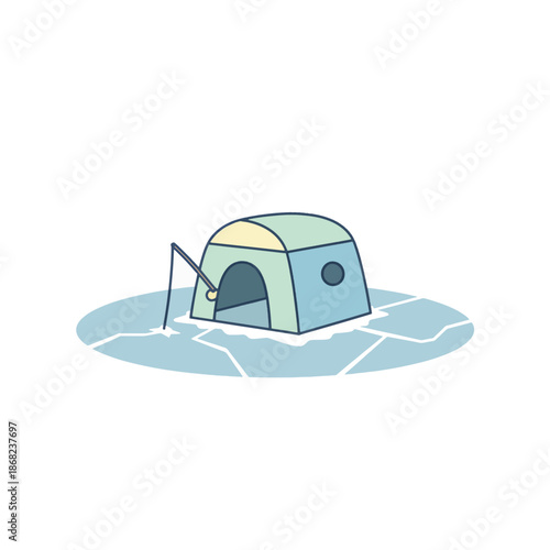 Ice fishing shelter on frozen lake. Flat design vector illustration. Minimalist winter outdoor activity graphic isolated on transparent background
