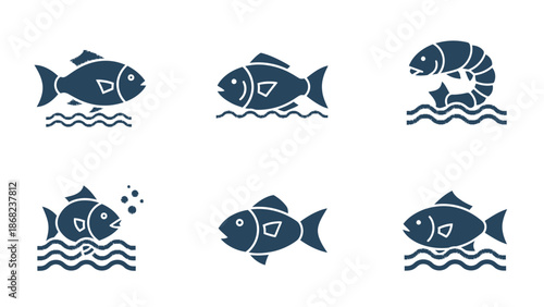 Stylized seafood icons featuring fish and shrimp on water surfaces