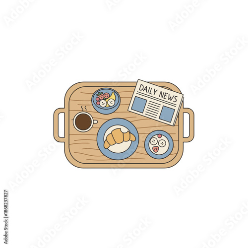 Morning breakfast tray with newspaper and coffee. Flat design vector illustration. Healthy meal with croissant and fruit isolated on transparent background. Minimalist line art graphic