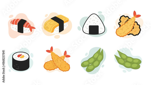 Variety of japanese cuisine illustrated on white backgrounds for menu design