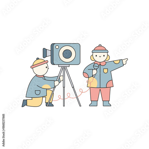 News crew setting up video camera and tripod. Flat design vector illustration of journalists and media production team. Minimalist line art isolated on transparent background