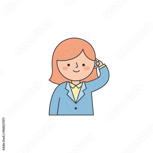 News anchor adjusting earpiece. Flat vector illustration of a female reporter. Media and broadcasting concept isolated on transparent background. Soft pastel color palette