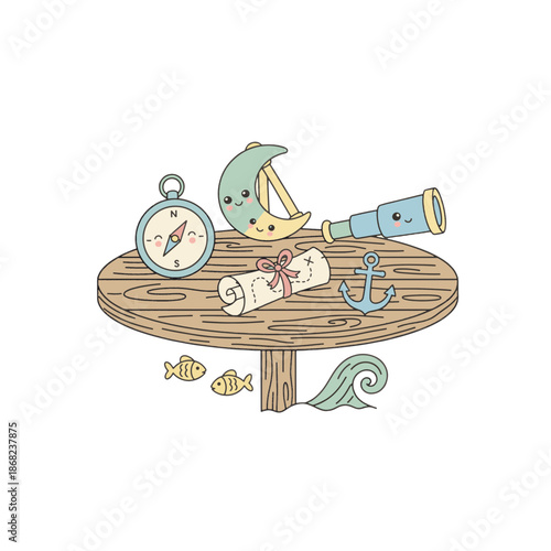 Navigation tools on a ship table. Kawaii nautical flat vector illustration. Compass, telescope, map, and anchor in soft pastel colors. Isolated on transparent background