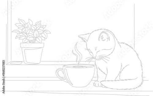 Cat sitting beside a cup on the windowsill