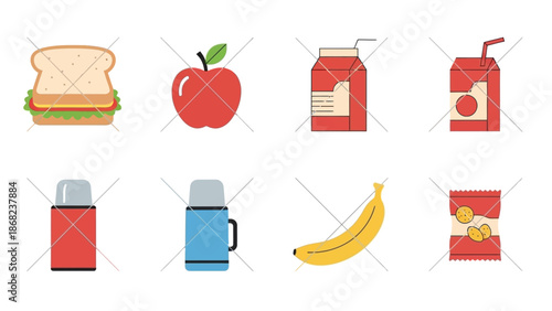 Assortment of food and drink icons for lunch and snacks in vector illustration