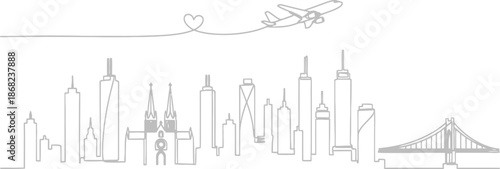 Airplane flying over city skyline with heart trail