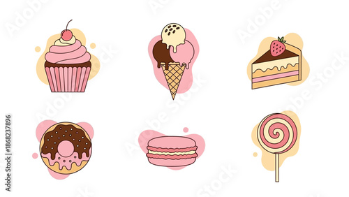 Assortment of sweet treats cupcake ice cream cake slice donut macaron and lollipop