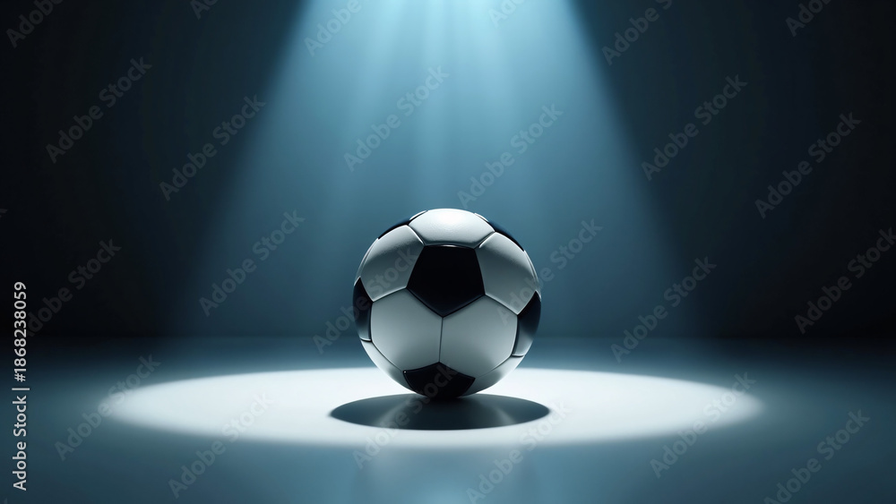 Fototapeta premium A classic soccer ball glows beneath a spotlight, casting soft shadows and evoking focus, stillness, and anticipation. 