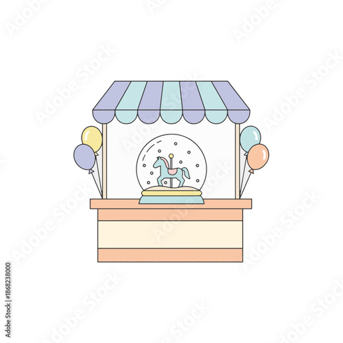 A fair stall with a carousel horse snow globe. Flat design vector illustration in a soft pastel color palette. Simple line art graphic isolated on a transparent background