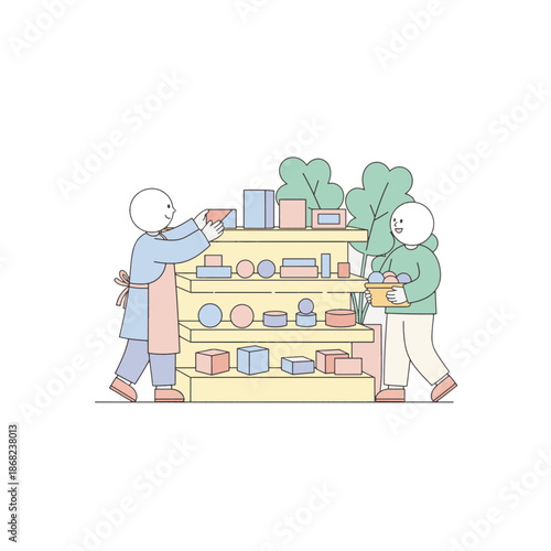 Store staff arranging a display shelf. Flat vector illustration of a customer shopping. Minimalist retail and commerce concept in soft pastel colors