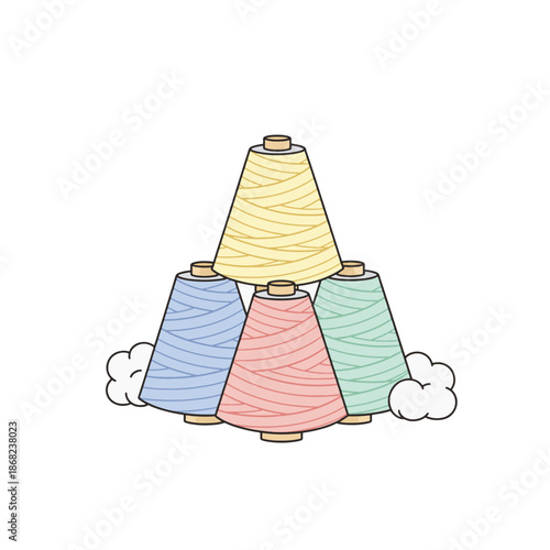 A stack of colorful thread cones for sewing and tailoring. Flat design vector illustration in soft pastel colors. Textile industry and crafting concept