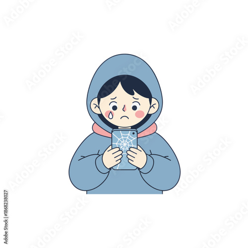 Sad character in a hoodie holding a broken phone with a cracked screen. Flat cartoon vector illustration. Concept of device damage and disappointment.