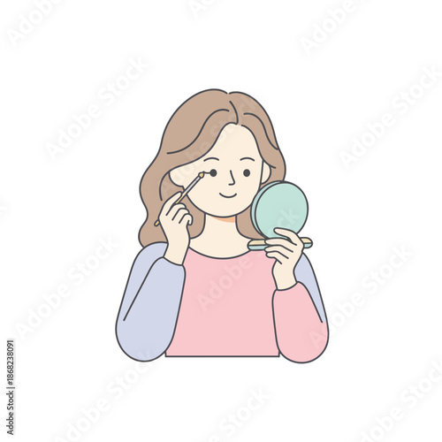 Woman applying eyeliner at a mirror. Flat vector illustration in soft pastel colors. Makeup and beauty concept isolated on transparent background