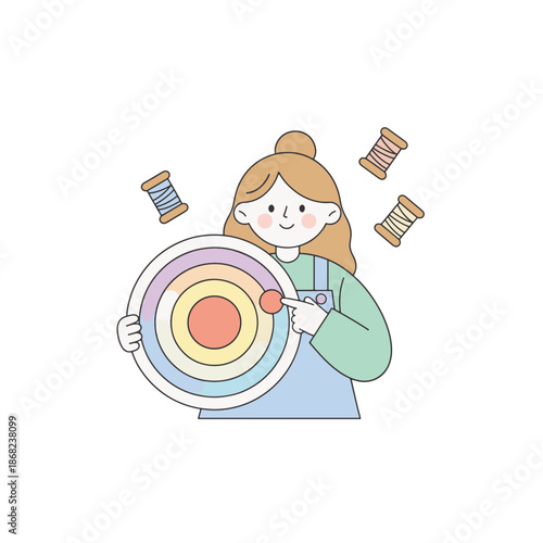 A woman selecting thread from a color palette. Flat vector illustration in soft pastel colors. Sewing and craft hobby concept