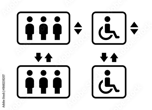 Icons for public places. Set of icons for the elevator. Disabled Elevator icon for hotel