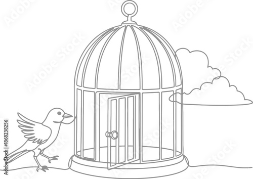 Bird approaching the birdcage with open door