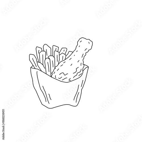 Fried Chicken and French Fries Doodle Line Art. Crispy Drumstick and Wings with Fries. Hand Drawn Fast Food Illustration Isolated. Minimal Black and White Sketch.
