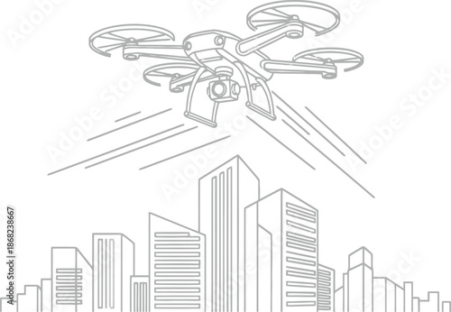 Drone flying over city skyline with modern buildings