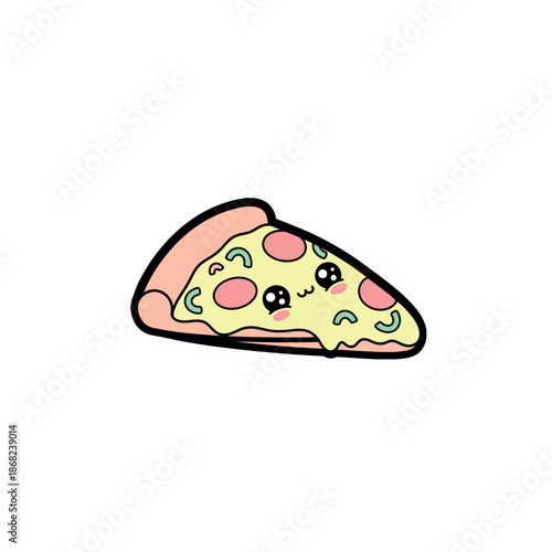 A cute kawaii cartoon pizza slice character rendered in soft pastel colors with pink blushing cheeks and a small smile. The illustration features extremely thick.