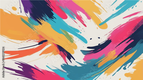 An artistic abstract watercolor background featuring colorful paint splashes, brush strokes, and grunge ink textures on a rainbow vector pattern with yellow stains and splatters on paper